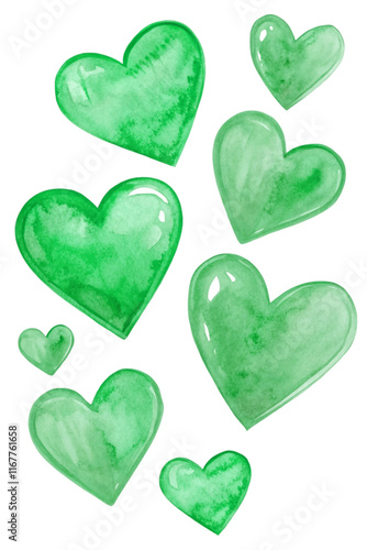 Green watercolor hearts, vibrant shapes, artistic design, romantic theme, perfect for invitations, love graphics.