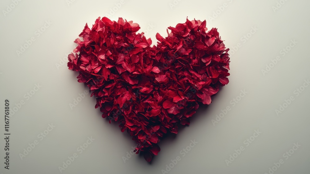 A heart shape made of red flower petals on a white background. A heart shape made of red flower petals on a white background.