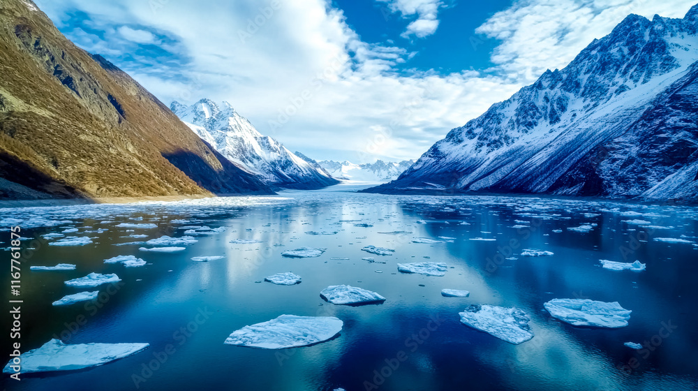 Obraz premium Ice floes floating on a glacial lake surrounded by mountains
