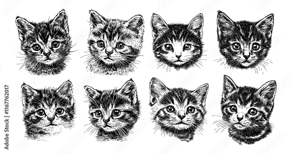 Cute Kitten Portraits Set Ink Pen Style Illustration White Background Adorable Cat Faces Detailed Feline Expressions Hand-Drawn Animal Heads Charming Kitten Art Sketch Fluffy Fur Cute Kitten Portraits Set Ink Pen Style Illustration White Background Adorable Cat Faces Detailed Feline Expressions Hand-Drawn Animal Heads Charming Kitten Art Sketch Fluffy Fur