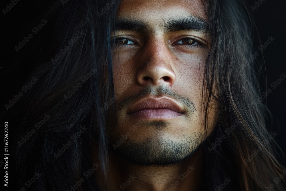 Beautiful Close-Up Portrait of a Young Hispanic Man with Flowing Long Hair Against a Dark Background Beautiful Close-Up Portrait of a Young Hispanic Man with Flowing Long Hair Against a Dark Background