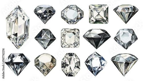 Diamonds Collection Watercolour Illustration On White Background Unique Artwork Luxurious Design Creative Illustrations Precious Gemstones Decorative Elements Elegant Renderings