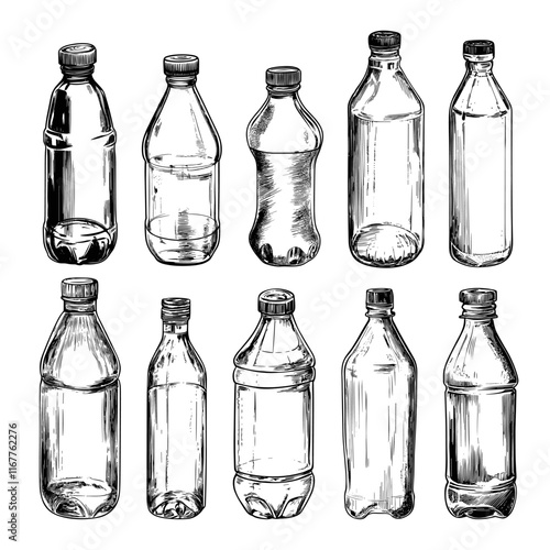 Different Plastic Bottles Set Ink Pen Style Illustration White Background Recyclable Containers Eco Friendly Packaging Beverage Bottles Household Items Water Product Design Line