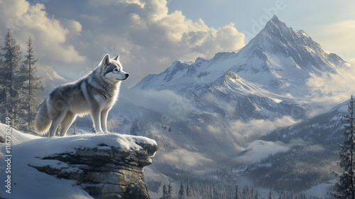 wild husky wolf standing on a large rock in the mountains in winter scenery photo