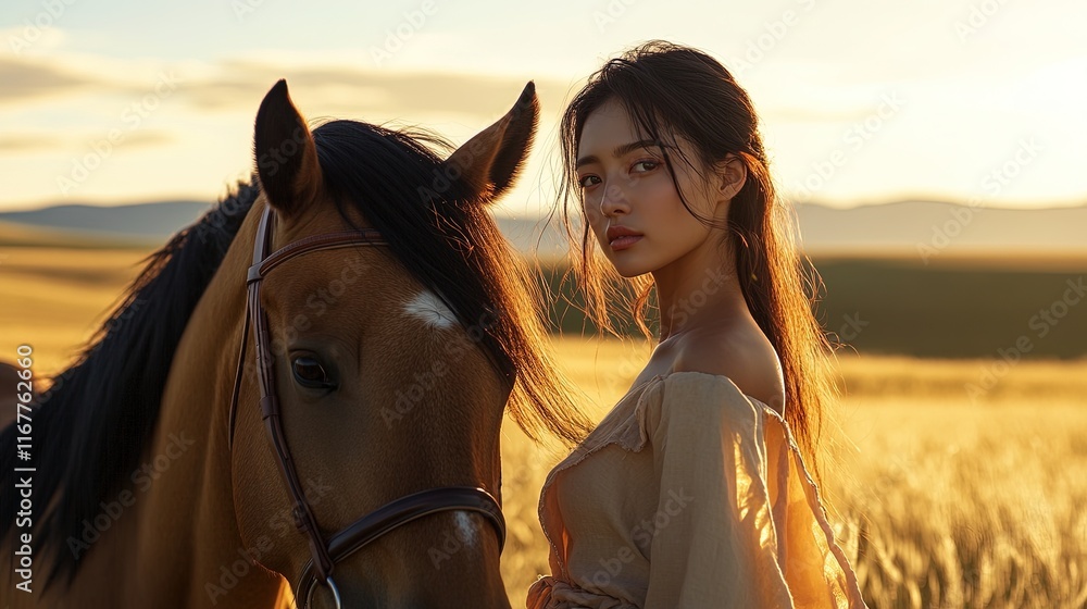 Obraz premium Woman with horse in golden field at sunset.