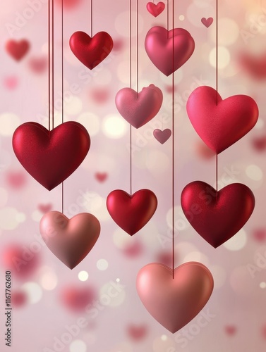 Valentine's Day banner illustration with red and pink heart hanging decoration, Ai generated images
