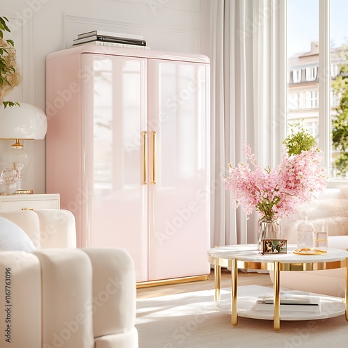 Pink lacquered wardrobe in a bright living room with gold accents, flowers, and a marble-top coffee table. photo