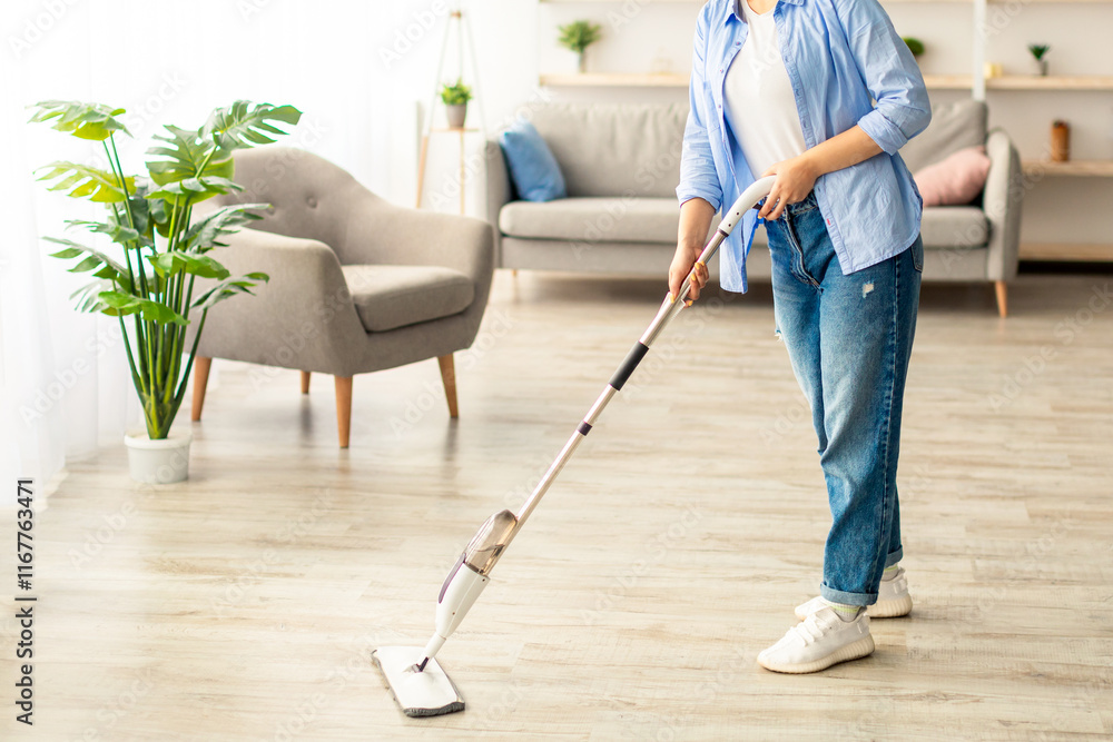 Fototapeta premium Homework Cleaning Routine. Cheerful casual lady washing hardwood laminate flooring using water spray mop pad, smiling and looking at camera. Blurred Background, Free Copy Space, Modern Interior