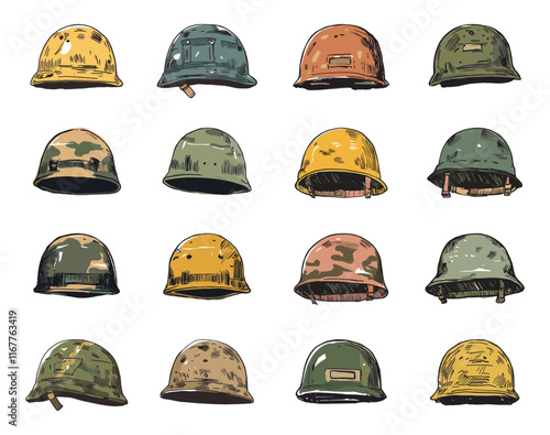 Military Helmets Collection Trendy Hand Drawn Style On White Background Unique Artwork Vintage Design Creative Illustrations Army Gear Headgear Art Collection Decorative Elements