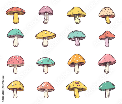 Mushrooms Logo Colourful Stylish Trendy Illustrations Fungi Icons Vibrant Designs Whimsical Nature Art Graphic Elements White Background