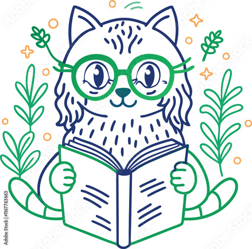 Cute cat celebrate the day of international education day by reading book art illustration