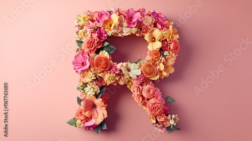 Letter R made of colorful flowers on pink. photo