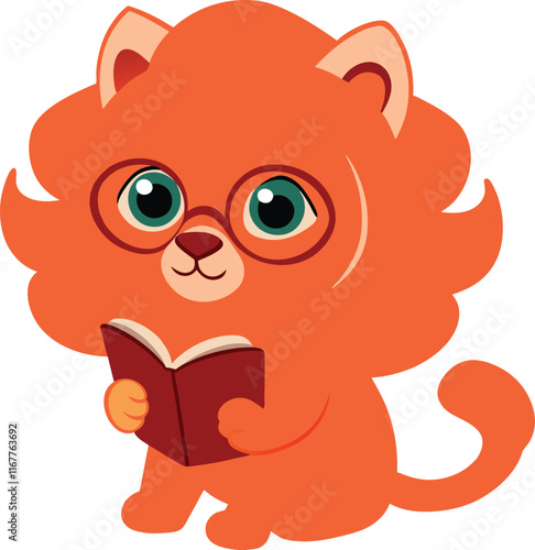 Cute lion celebrate the day of international education day by reading book art illustration