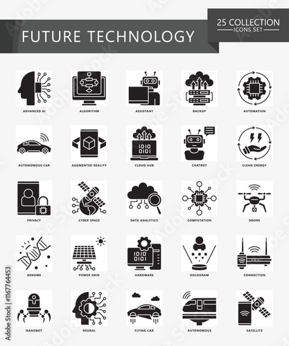 Future Technology glyph icons set. contain AI, algorithm, cloud, genome, nanobot, robot, energy and more. Vector EPS 10 for print, digital UI, UX kit, web and app development for technology, education