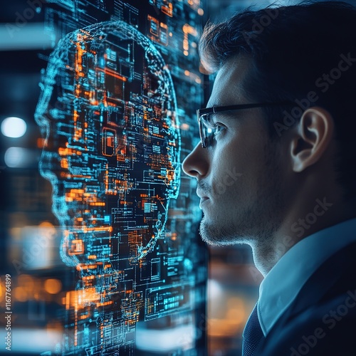 Innovative technology researcher analyzes ai data visualization modern office digital art corporate environment close-up perspective