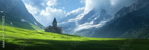 Stunning Summer Panorama of Georgian Countryside with Church Nestled at the Base of the Majestic Caucasus Mountains