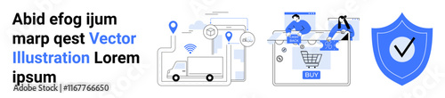 Online shopping scene with customer at laptop, shopping cart icon, delivery truck with location pins, and a security shield. Ideal for online stores, logistics, delivery services, security