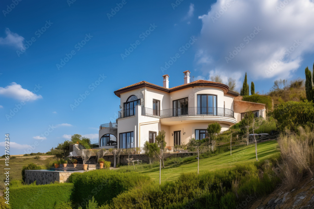 Modern villa in a lush countryside under a clear blue sky with scenic surroundings Modern villa in a lush countryside under a clear blue sky with scenic surroundings