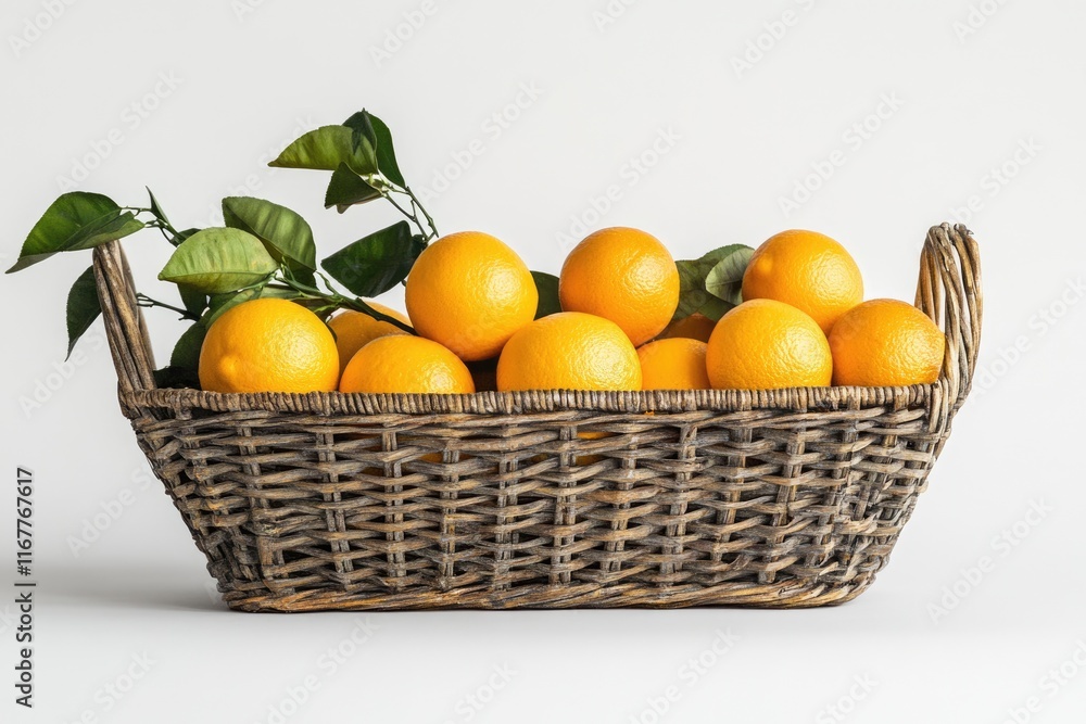 Vibrant Citrus Collection: A Luscious Basket Overflowing with Fresh Oranges on a Bright White Canvas Vibrant Citrus Collection: A Luscious Basket Overflowing with Fresh Oranges on a Bright White Canvas