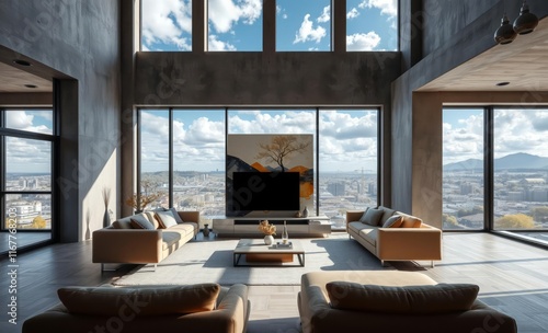 Modern luxury living room, floor-to-ceiling windows, panoramic mountain view, concrete walls, high ceilings, minimalist furniture, natural light, cozy seating area, grand piano, open concept, contempo photo