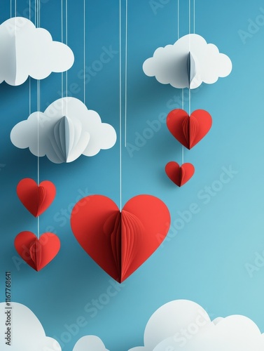 Valentines day background. Happy valentines day greeting. Paper cut clouds with hanging hearts. Vector illustration.
