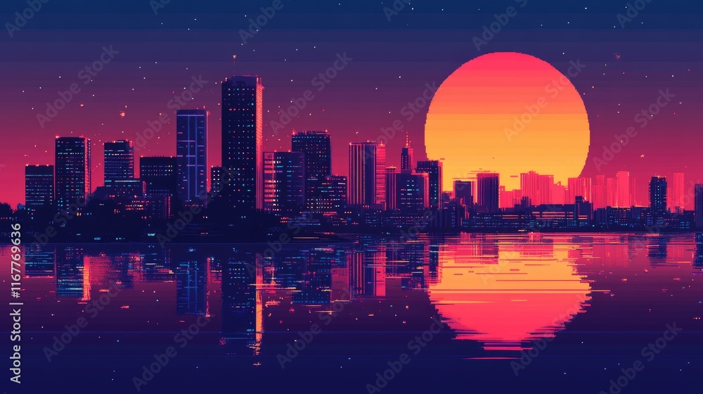 Fototapeta premium Stunning Coastal City Skyline at Night: Vibrant Urban Landscape under a Clear Sky