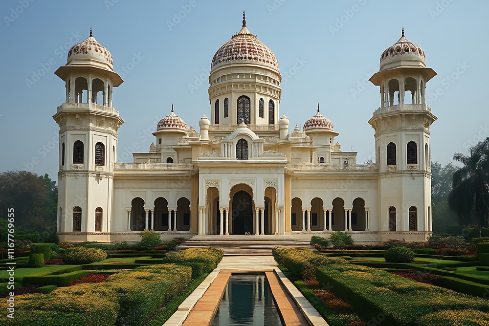 Obraz premium Majestic ivory palace with symmetrical gardens and reflecting pool.