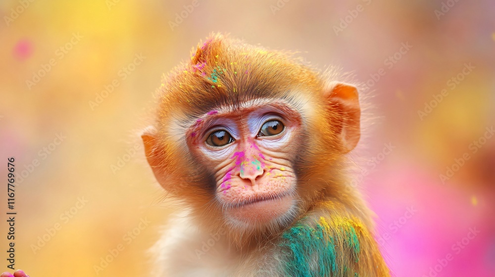 Obraz premium A monkey with colorful paint on its face is looking at the camera. The image has a playful and whimsical mood, as the monkey's colorful appearance. Holi Color Festival