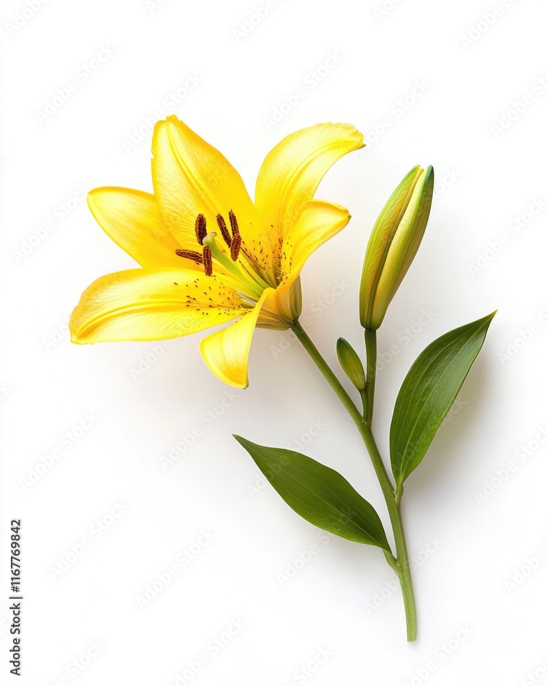 Fototapeta premium Vibrant Yellow Lily Blooming Against a Crisp White Backdrop