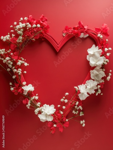 Valentines day background with a romantic concept, showcasing a red and white heart and flowers frame on a red surface. Copy space available from a side angle.