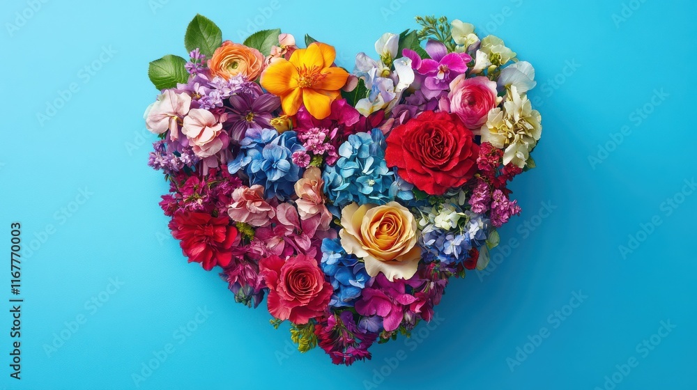 Vibrant floral arrangement in heart shape composed of colorful blooms set against a serene bright blue background, exuding warmth and elegance. Vibrant floral arrangement in heart shape composed of colorful blooms set against a serene bright blue background, exuding warmth and elegance.