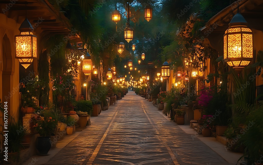 Illuminated pathway with hanging lanterns at night. Illuminated pathway with hanging lanterns at night.