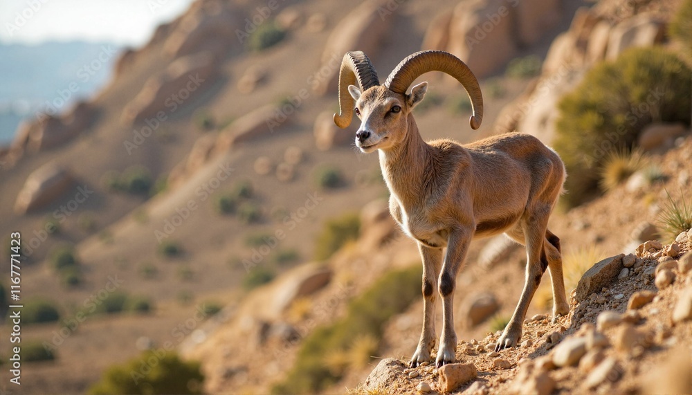 Bighorn lamb standing on rocky hillside in desert landscape, wildlife beauty Bighorn lamb standing on rocky hillside in desert landscape, wildlife beauty
