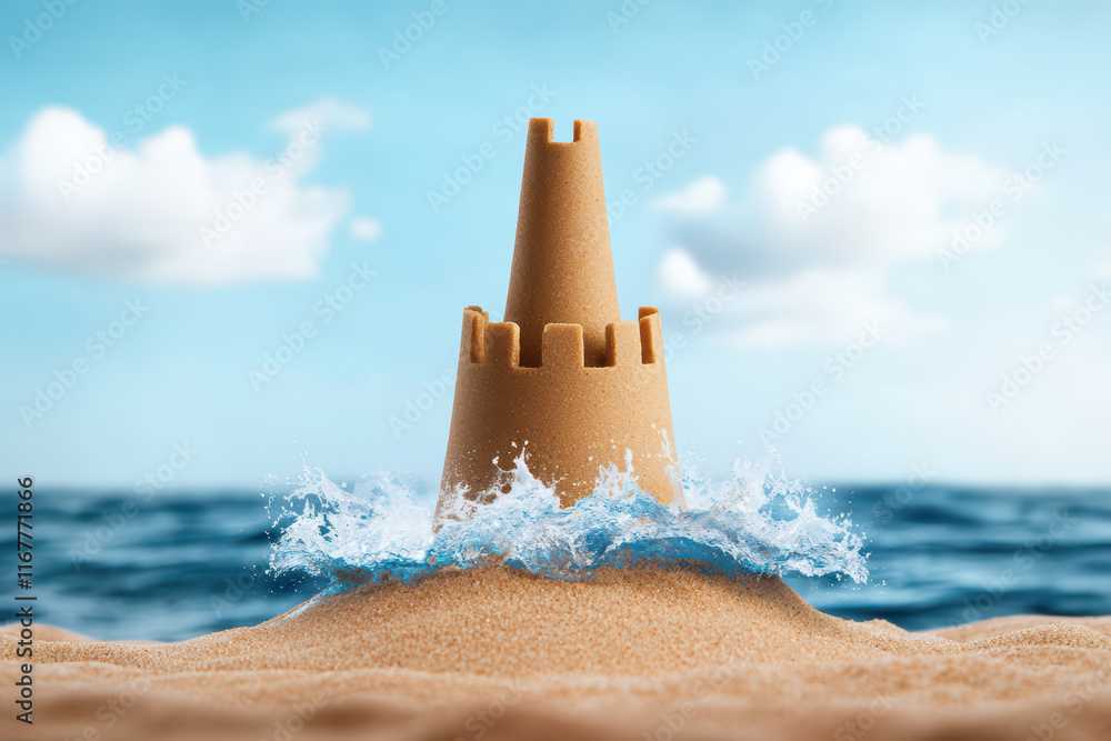 sandcastle standing tall as waves crash around it sandcastle standing tall as waves crash around it