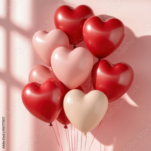 Wallpaper Mural Heart-shaped Balloons in Shades of Red and Pink on a Pastel Pink Background Torontodigital.ca