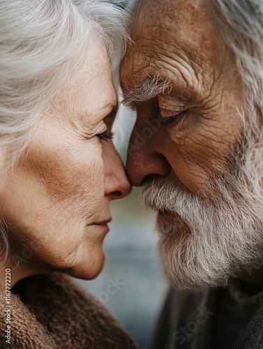 Close up of loving elderly couple standing face to face outdoors. Beautiful adult woman looking at man. Romantic senior kissing hands of woman. Affectionate lovers in family relationships. photo