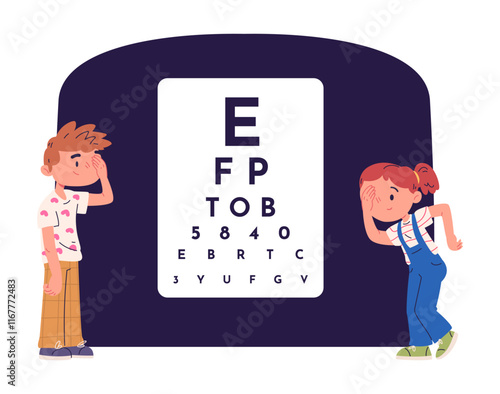 Child eyesight test. Kid eye visual examination at ophthalmologist, children patient eyes optical vision optometry test doctor check sight, kids read letters vector illustration