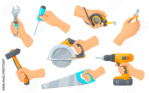 Hands holding construction tools. Professional craftsman handyman hand with electric or manual instruments, carpenter job repair industry labor day concept neat vector illustration