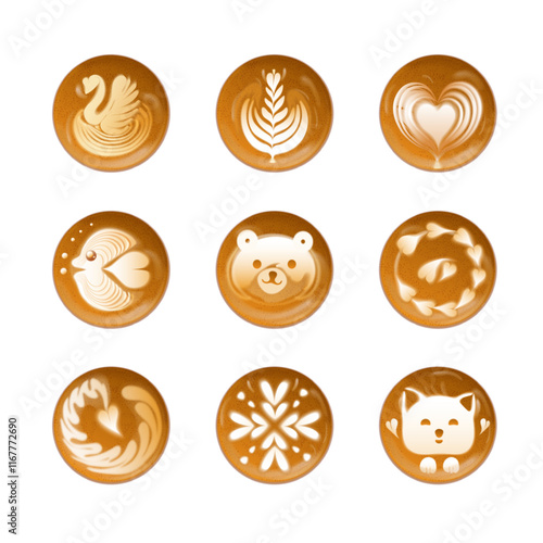 Latte toppings art. Aroma coffee with pouring milk foam top view, barista creative drawing swan heart bear hot morning cappuccino caffeine drink cafe shop exact vector illustration