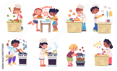 Kids cooking dishes. Little chef cooks learning preparing food, bakes cake children cookery profession kid chief cook characters on home kitchen, cartoon classy vector illustration