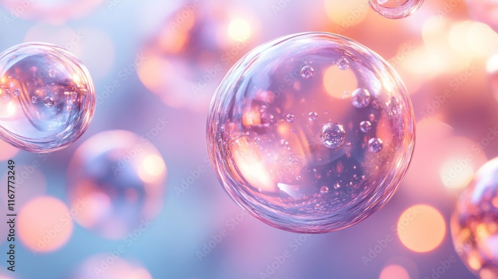 Pink and blue spheres float in a dreamy light Pink and blue spheres float in a dreamy light