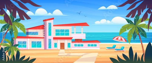 Island cottage. Modern bungalow tropical resort, private luxury villa hotel apartment on ocean beach exotic paradise seaside summer vacation or holiday, swanky vector illustration