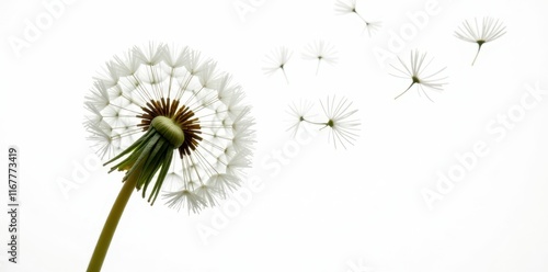 Wallpaper Mural Close-up of a dandelion's seed head releasing seeds onto a stark white backdrop, macro, seed, flight Torontodigital.ca
