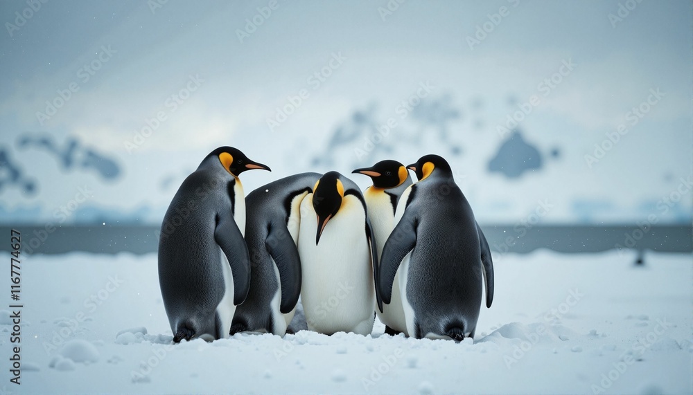Fototapeta premium Group of penguins huddling together in Antarctic snow flurries, camaraderie
