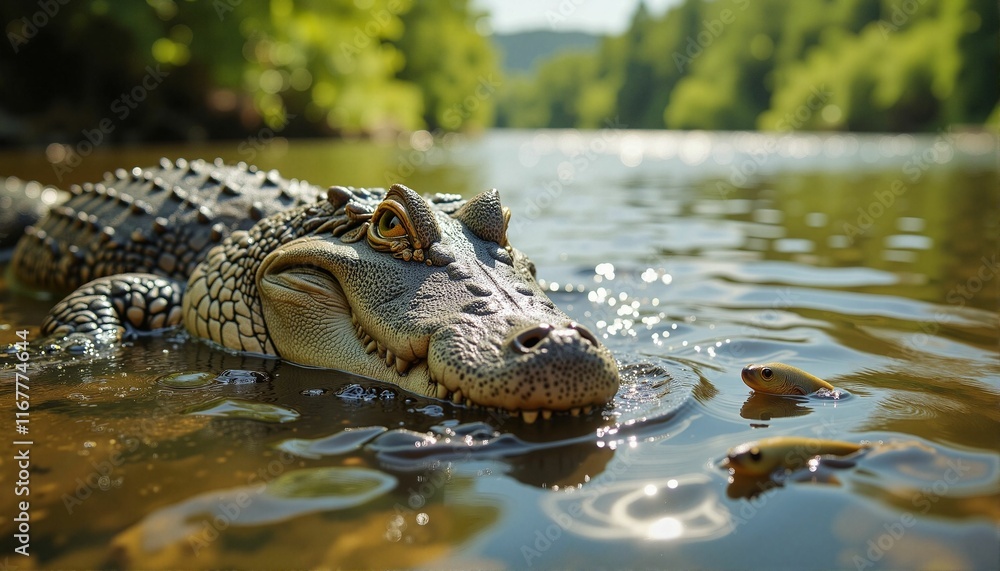 Fototapeta premium Crocodile basking in river under bright sun, wildlife observation