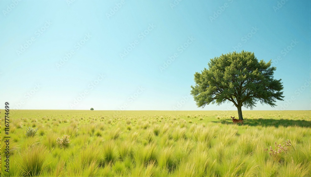 Lone deer resting under a tree in vast grassland, nature's serenity