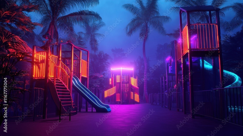 Fototapeta premium A vibrant playground illuminated with neon lights, surrounded by palm trees, creating a mystical atmosphere at night.