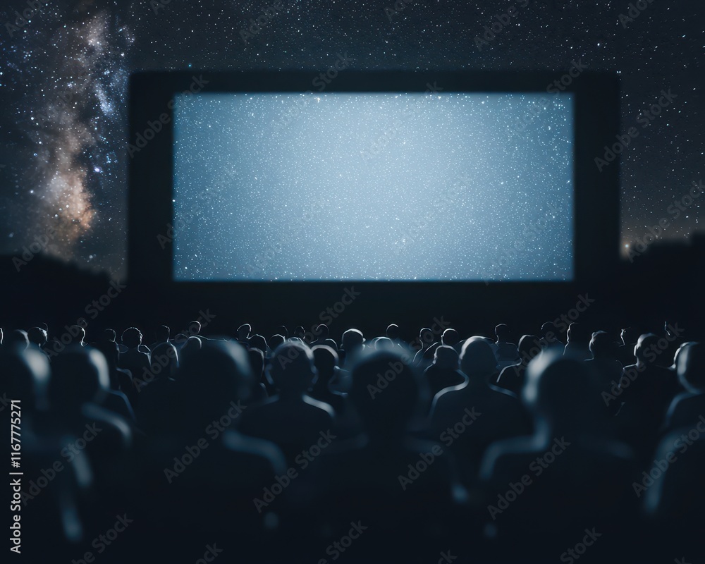 Obraz premium A crowd watches a large screen under a starry night, creating a cinematic atmosphere in an outdoor setting.