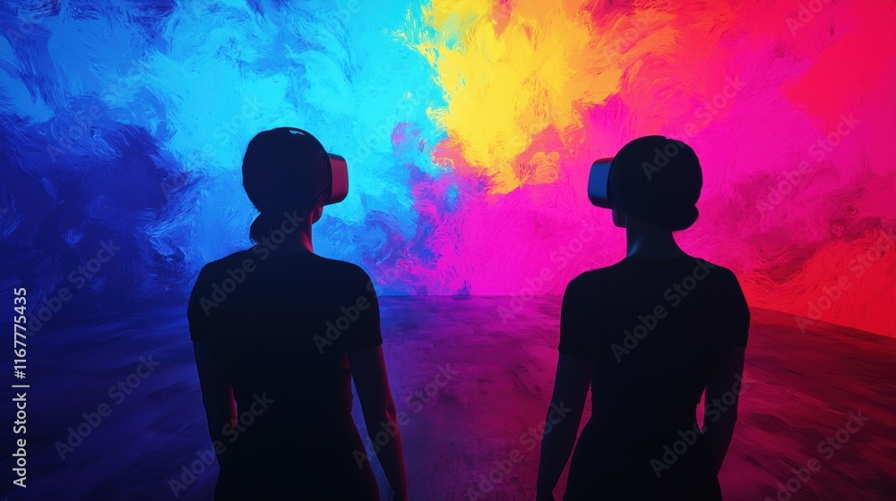 Two figures wearing VR headsets stand before a vibrant, colorful background of swirling blue, yellow, and pink hues, immersed in a virtual reality experience.