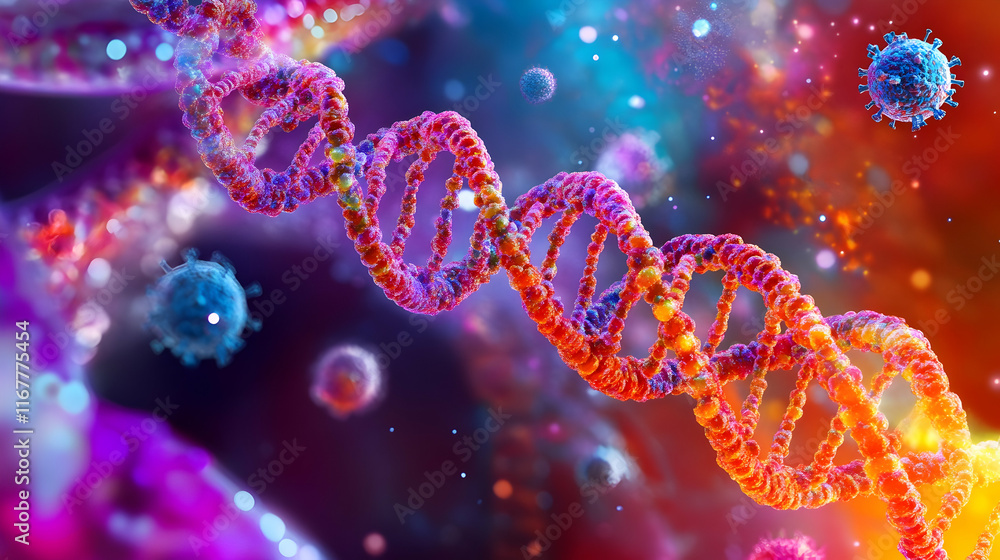 Vibrant DNA strands twist and swirl in a cosmic environment filled with lively microorganisms Vibrant DNA strands twist and swirl in a cosmic environment filled with lively microorganisms